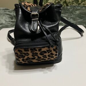 Chateau Black Leather Backpack with Leopard Print